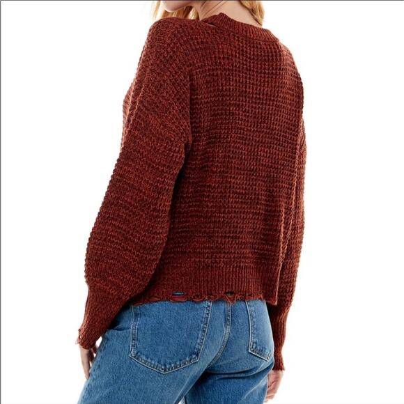 Ultra Flirt Distressed Balloon Sleeve Sweater Brown Cozy Fall Casual Style L - Picture 6 of 13